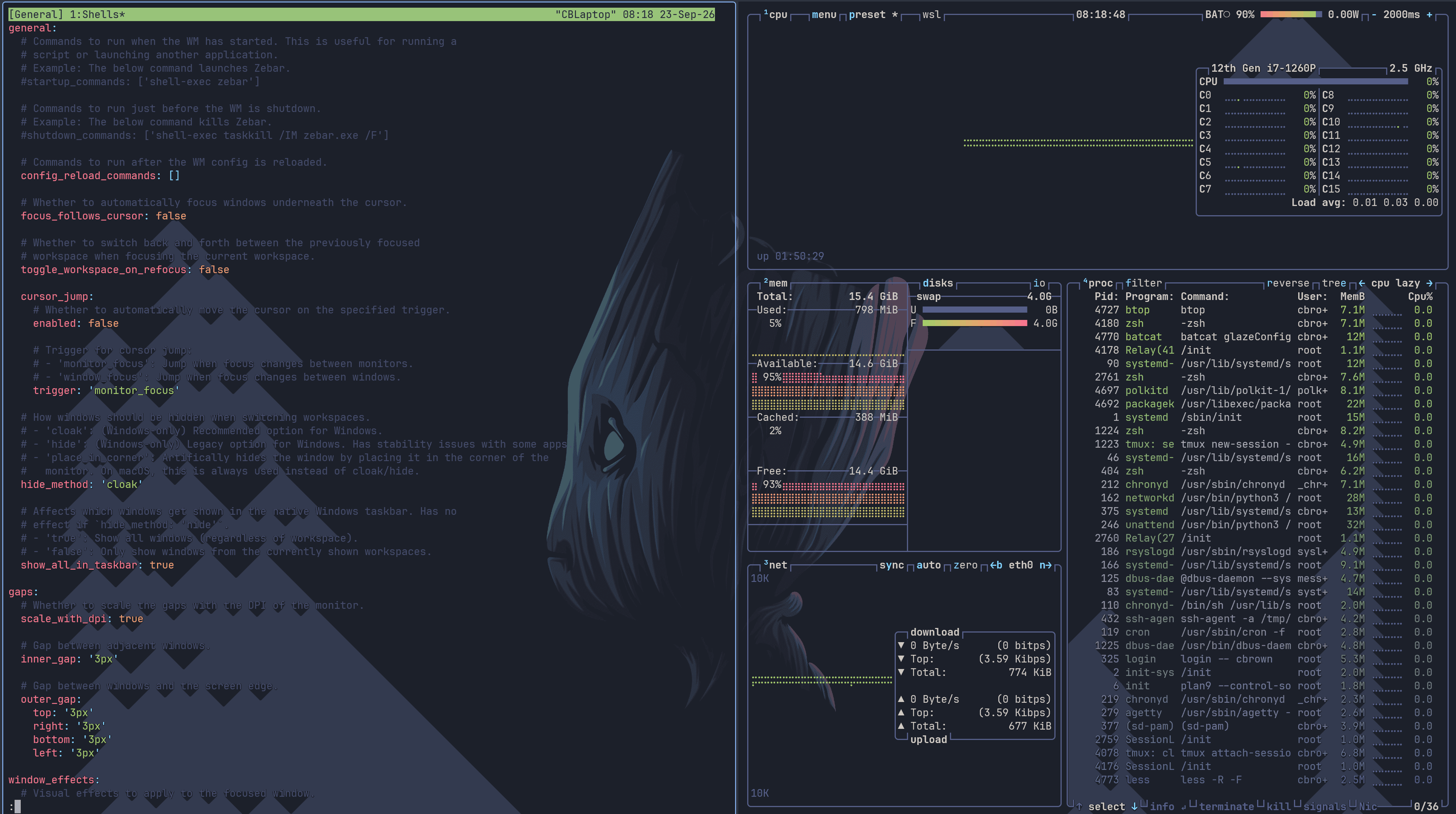 A GlazeWM desktop with the configuration open beside tiled WSL system-monitoring terminals