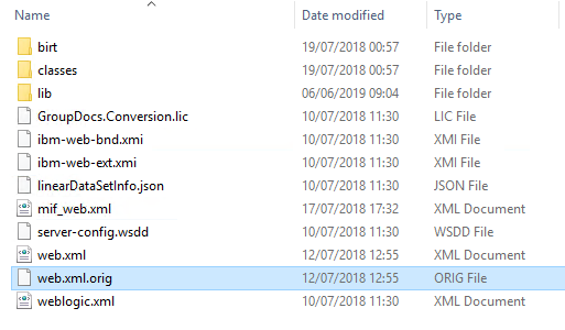 The Maximo WEB-INF directory containing web.xml and web.xml.orig