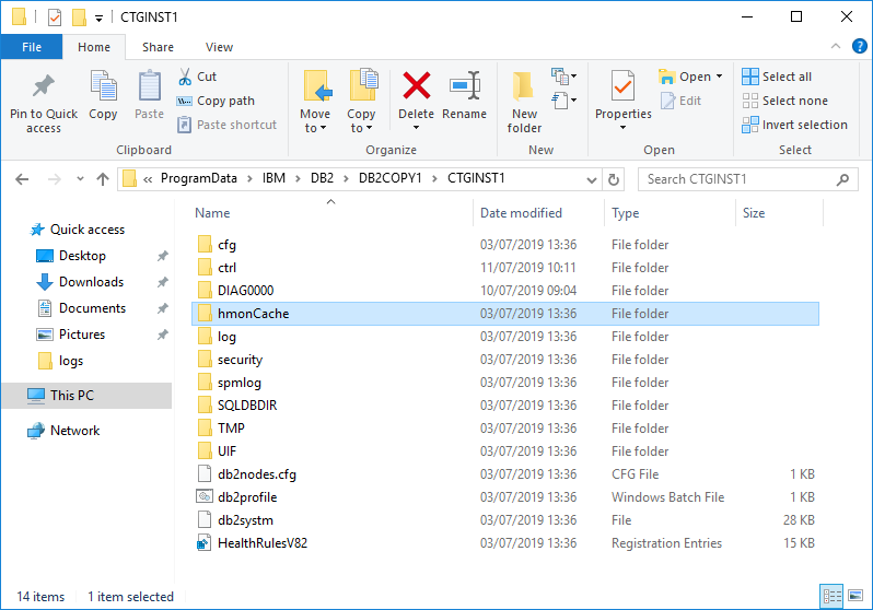 The CTGINST1 DB2 instance directory containing db2nodes.cfg