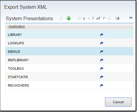 The Export System XML dialog with MENUS available to download