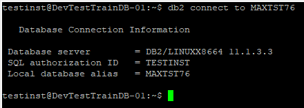 DB2 command-line processor connected to the example MAXTST76 database