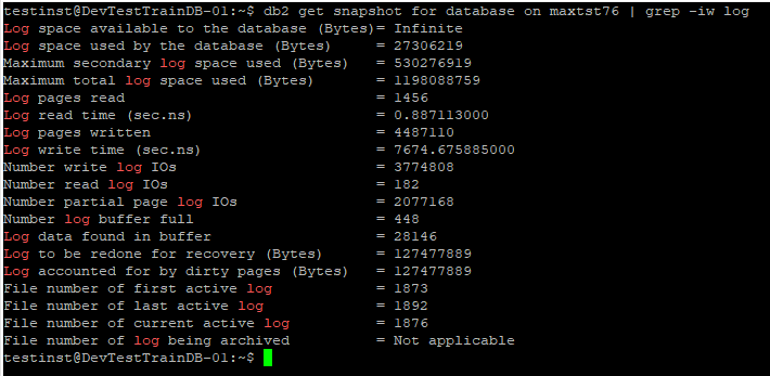 DB2 database snapshot showing transaction-log configuration and usage