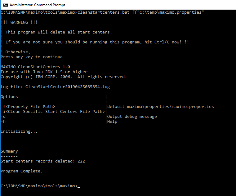 Cleanstartcenters output when an alternate Maximo properties file is supplied