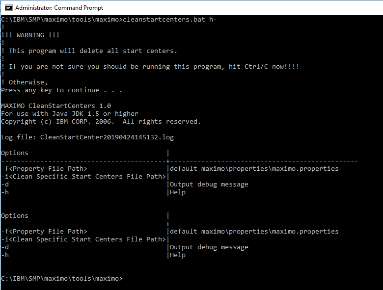 The duplicated help output from the cleanstartcenters utility