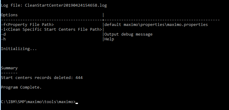 The cleanstartcenters completion output with its log location and deleted-record count