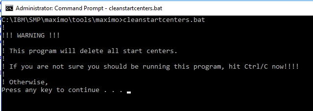 The cleanstartcenters warning shown before generated Start Centers are deleted