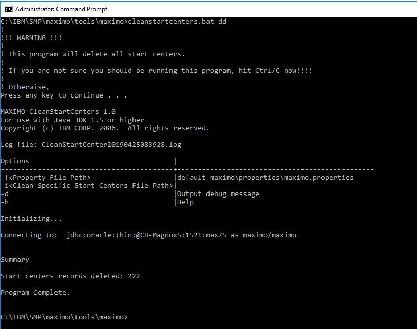 Debug output from cleanstartcenters showing initialization and the database connection