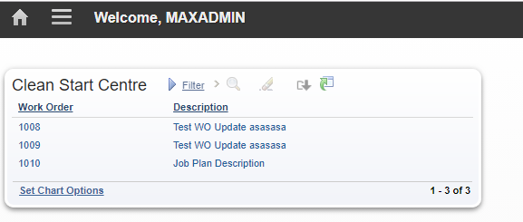 A basic Maximo Start Center result-set portlet showing work order number and description