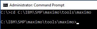 A Windows command prompt in the Maximo tools directory
