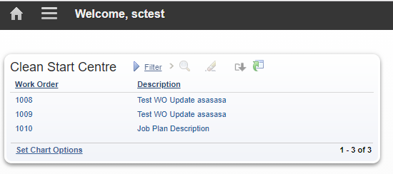 The SCTEST user's older Start Center without the Work Type column