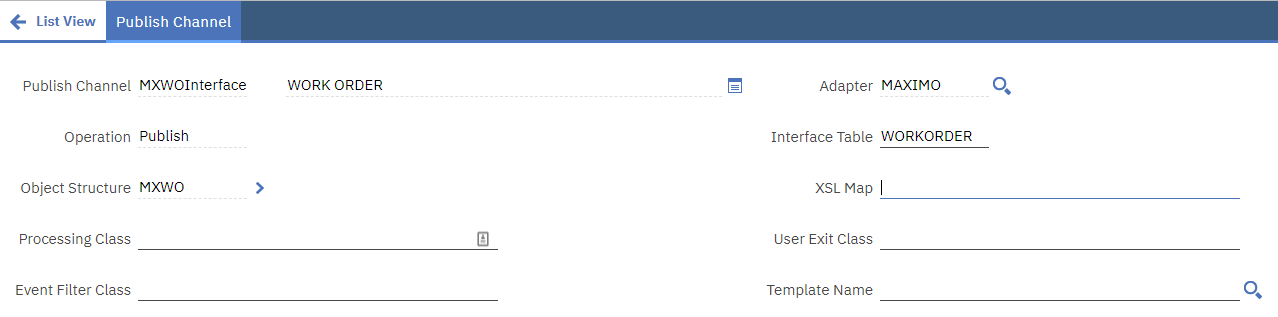 The MXWOInterface publish channel with WORKORDER entered as its interface table name
