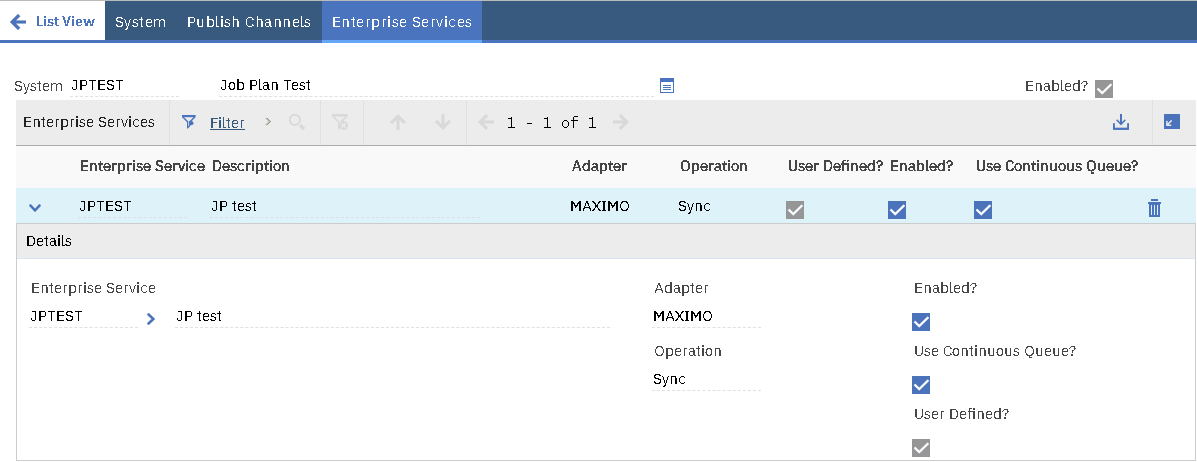 The JPTEST enterprise service enabled on an external system