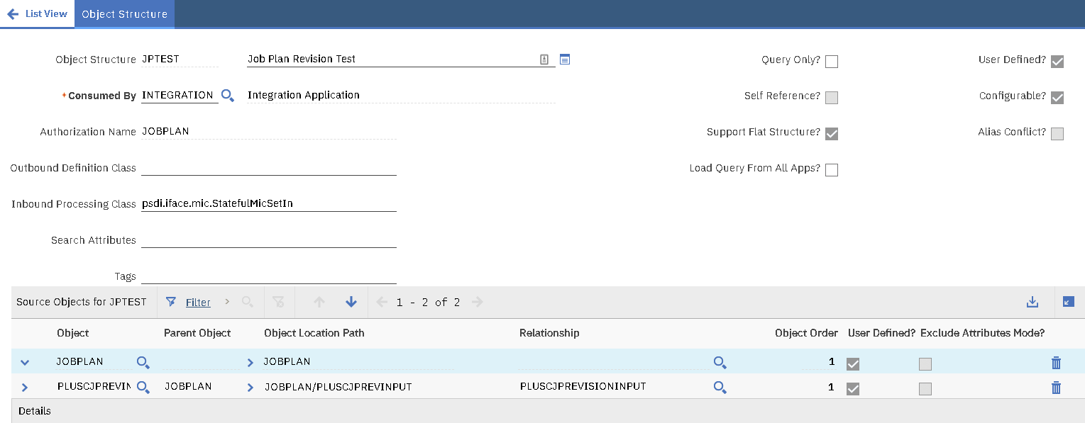 A Job Plan object structure containing JOBPLAN and PLUSCJPREVINPUT