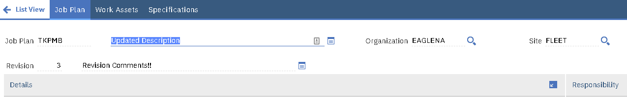 A revised Job Plan in pending revision status with its updated description