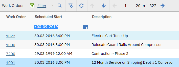 Scheduled Start filtered to dates before 3 September 2019