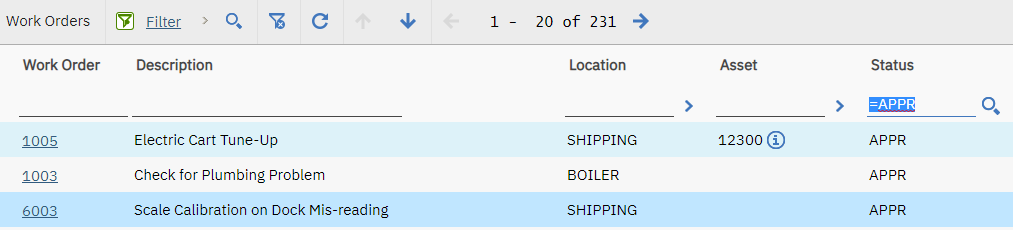 Work Order Tracking filtered to the exact APPR status