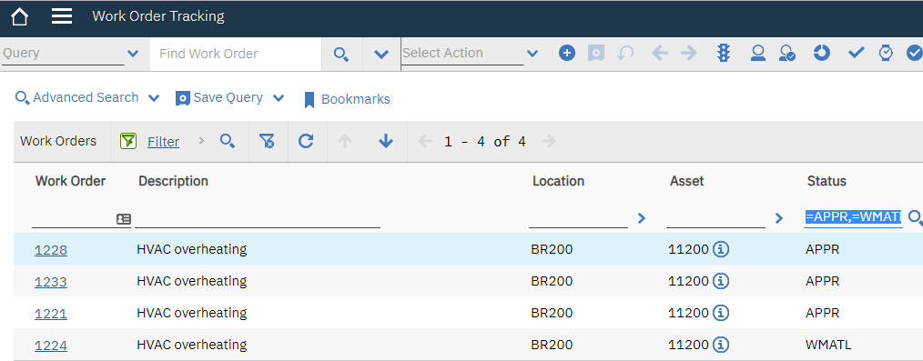 Work Order Tracking filtered to APPR or WMATL