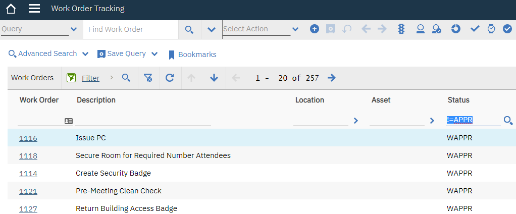 Work Order Tracking excluding the APPR status