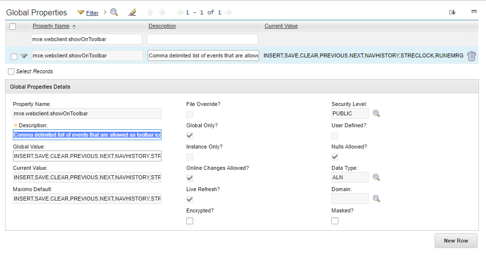 The mxe.webclient.showOnToolbar property open in Maximo System Properties