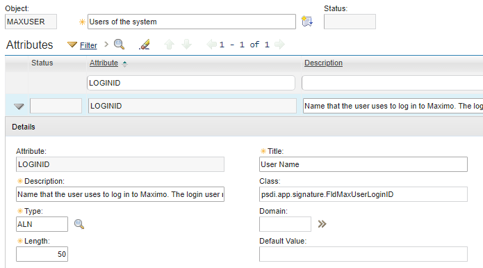 The LOGINID attribute selected on the MAXUSER object