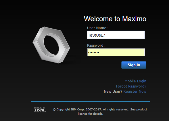 A mixed-case Maximo login ID entered on the login page