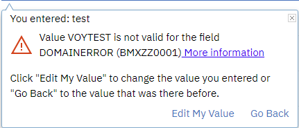 A Maximo validation dialog identifying VOYTEST as invalid for DOMAINERROR
