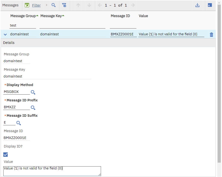 The Maximo Messages dialog containing a value and field parameterized message
