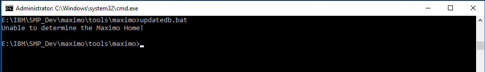 A Windows command prompt showing UpdateDB unable to determine the Maximo home