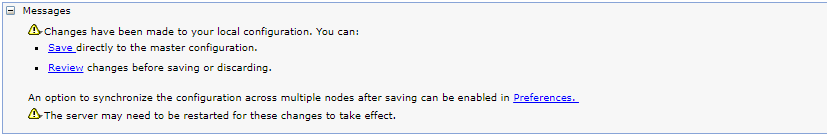 The WebSphere message prompting the administrator to save and synchronize changes