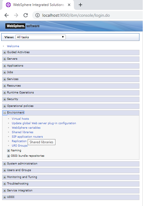 The Shared libraries option in the WebSphere console