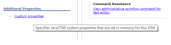 The Custom properties link on the Java virtual machine page