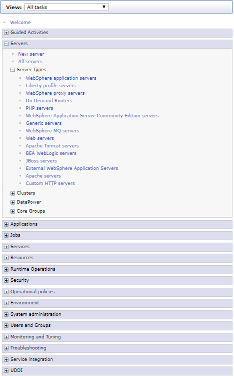 WebSphere navigation with WebSphere application servers selected under Server Types
